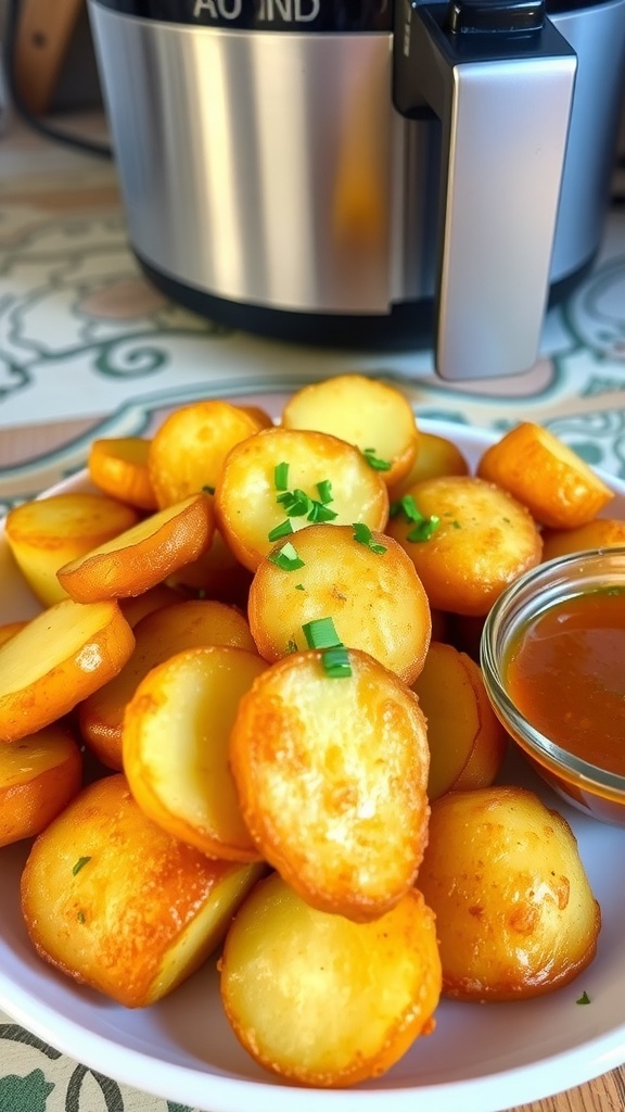 Crispy air-fried potatoes garnished with herbs on a plate.